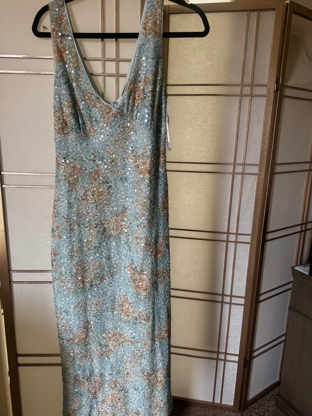 🩵LULU’s Sequin Embellished V-Neck Maxi Dress in Light Blue and Rose Gold - Picture 2 of 10